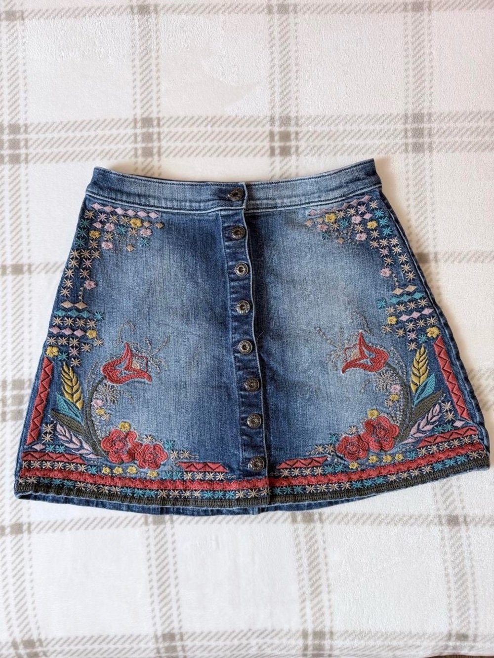 Embroidered Blue Denim Mini Skirt with Button-Front